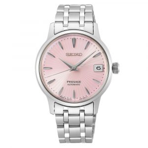 Seiko Presage Cosmopolitan Cocktail Time women's watch with pink dial and stainless steel case and bracelet model SRP839J1