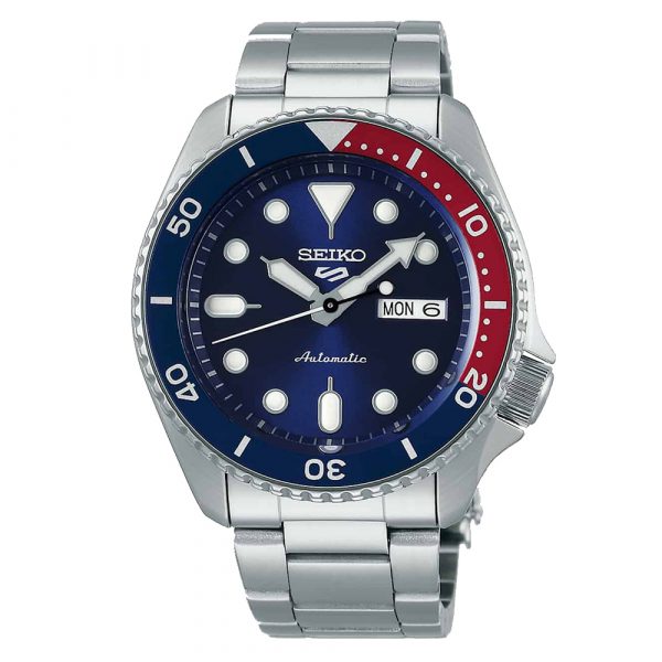 Seiko 5 Sports men's watch with Pepsi blue and red bezel and blue dial model SRPD53K1