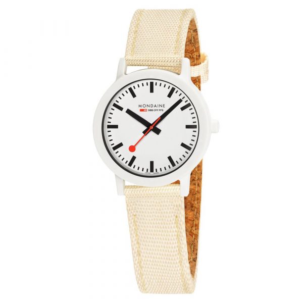 Mondaine Essence watch with 32mm white case and ivory strap model MS1.32111.LT