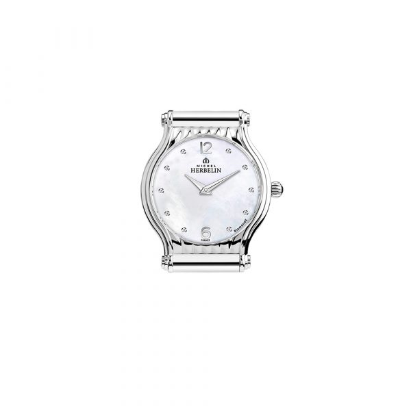 Michel Herbelin Antares round stainless steel watch case with diamond set mother of pearl dial model h.17447-89