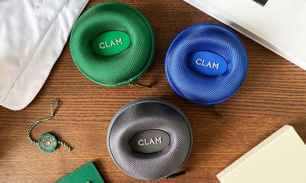 Clam Cases watch storage in green, blue and grey