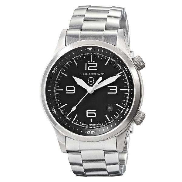 Elliot Brown Canford watch with stainless steel case and bracelet, black dial model 202-006-B07