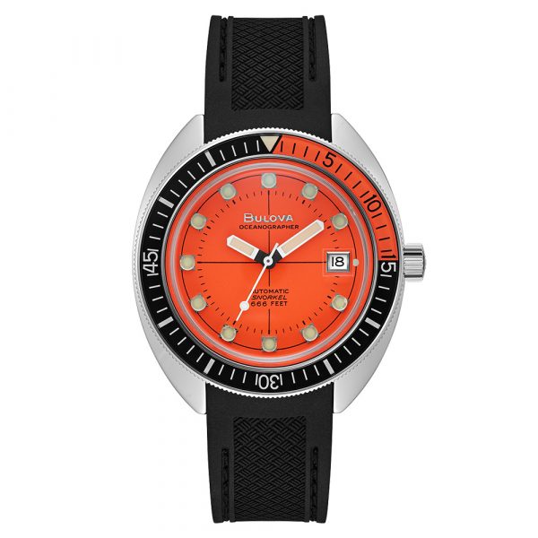 Bulova Devil Diver Oceanographer Archive Series watch with orange dial and black strap model 96B350