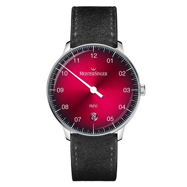 MeisterSinger Neo men's watch with sunburst red dial and leather strap model NE911D
