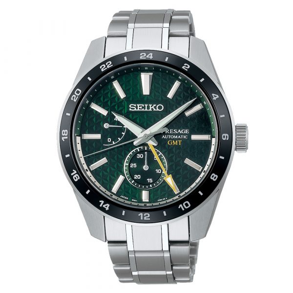 Seiko Presage Sharp Edged Series GMT green dial watch model SPB219J1