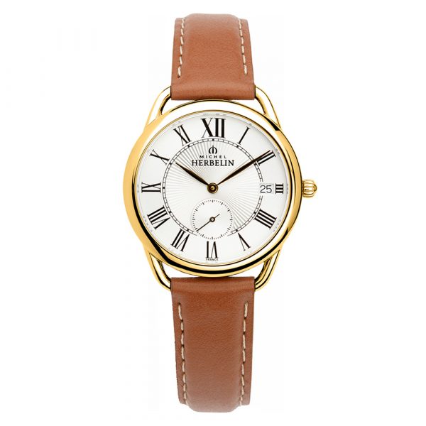 Michel Herbelin Equinoxe women's watch with yellow gold case and tan leather strap model 18397/P08GO