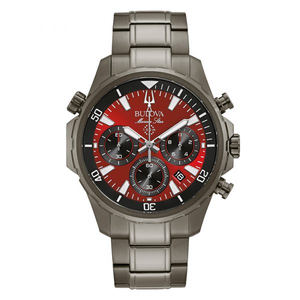 Bulova Marine Star chronograph watch with red dial model 98B350