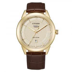 Citizen Corso yellow gold tone watch with cream dial and brown leather strap model AW0092-07Q