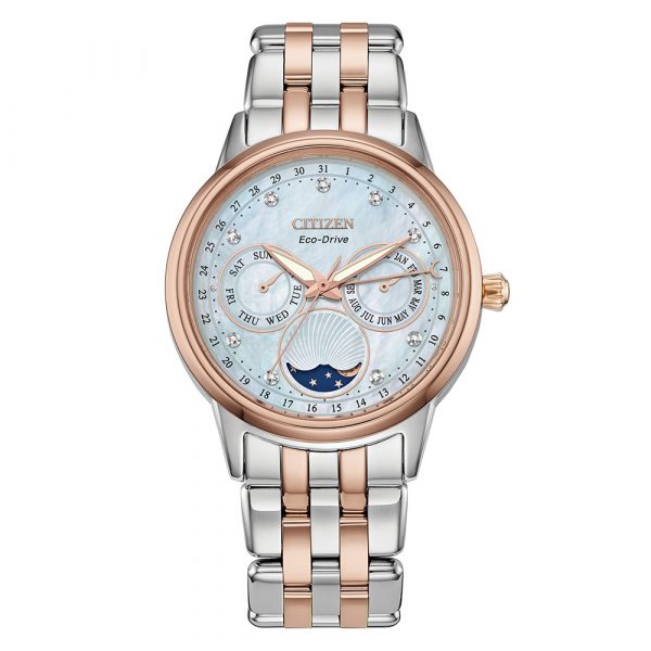 Citizen Calendrier Moonphase rose gold two tone bracelet watch with diamond set dial model FD0006-56D