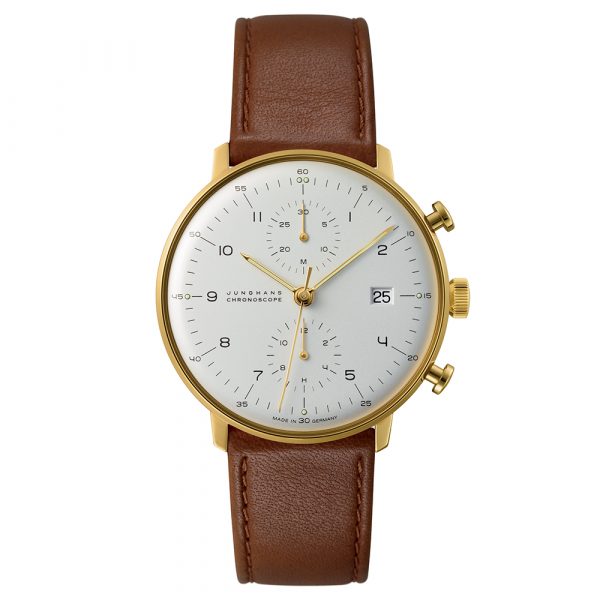 Junghans mens max bill Chronoscope watch with gold case and brown leather strap model 27-7800.04