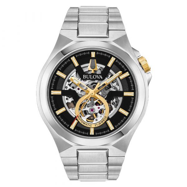 Bulova Maquina watch with black skeleton dial model 98A224