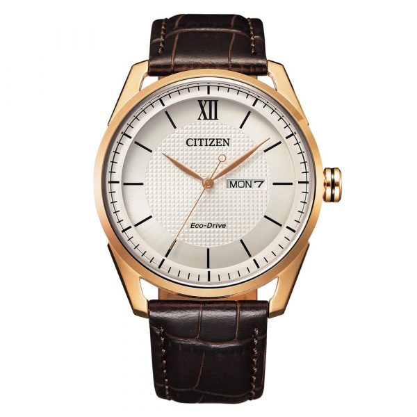 Citizen AW0082-01A Classic watch with rose gold tone case and brown leather strap