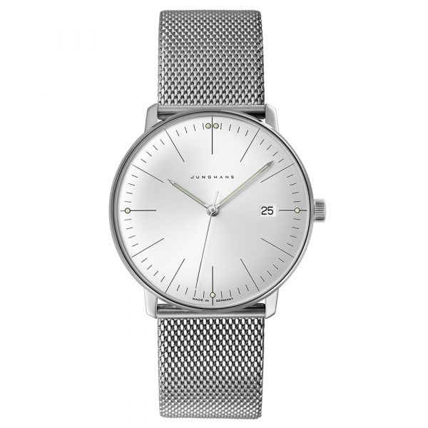 Junghans mens max bill Quartz watch with stainless steel case and mesh bracelet model 41-4463.46