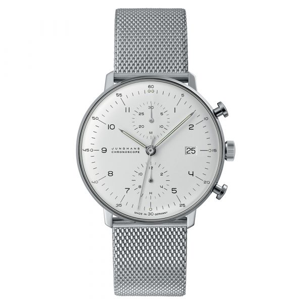 Junghans mens max bill Chronoscope watch with stainless steel case and mesh bracelet model 27/4003.46