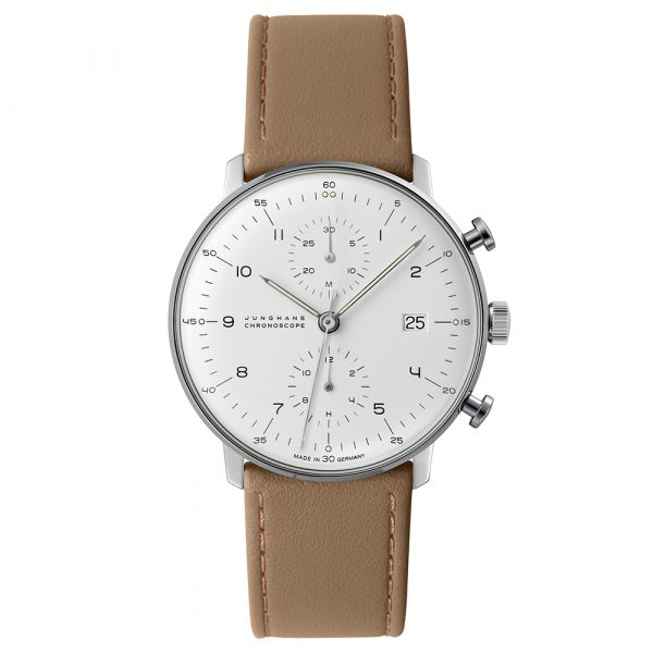 Junghans mens max bill Chronoscope watch with stainless steel case and brown leather strap model 27-4502.02
