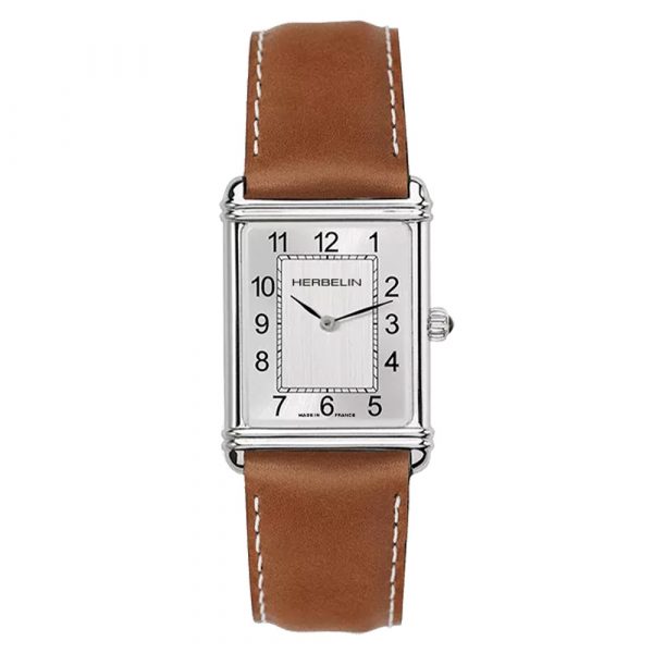Herbelin Art Deco watch with stainless steel case and tan leather strap model 17468AP22GD