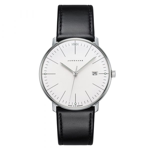 Junghans Max Bill Quartz watch with white dial and black leather strap model 41-4817.02