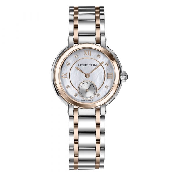 Michel Herbelin Galet 31.5mm two tone rose bracelet watch mother of pearl dial model 10630BTR59