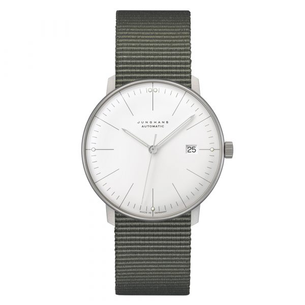 Junghans Max Bill automatic men's watch with white dial and green textile strap model 27-4001.02