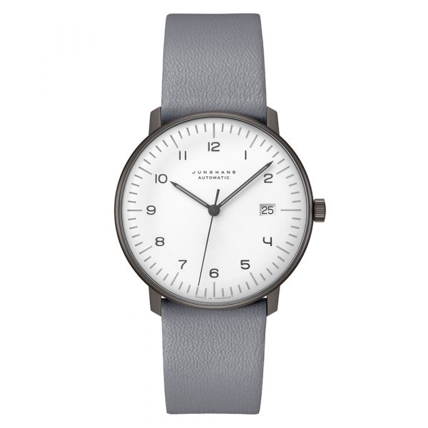 Junghans Max Bill automatic men's watch with white dial and grey case and leather strap model 27-4007.02