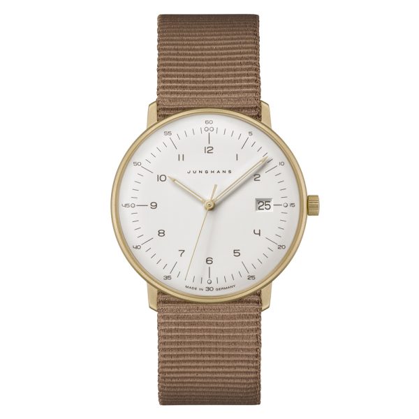 Junghans Max Bill women's automatic watch with white dial and brown textile strap model 47-7055.02